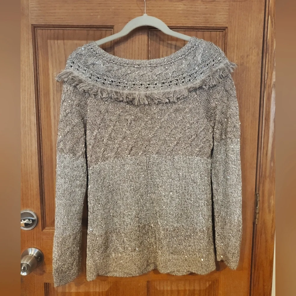 White House Black Market Fringe Sequin Metallic Colorblock Sweater Size M - Picture 6 of 8